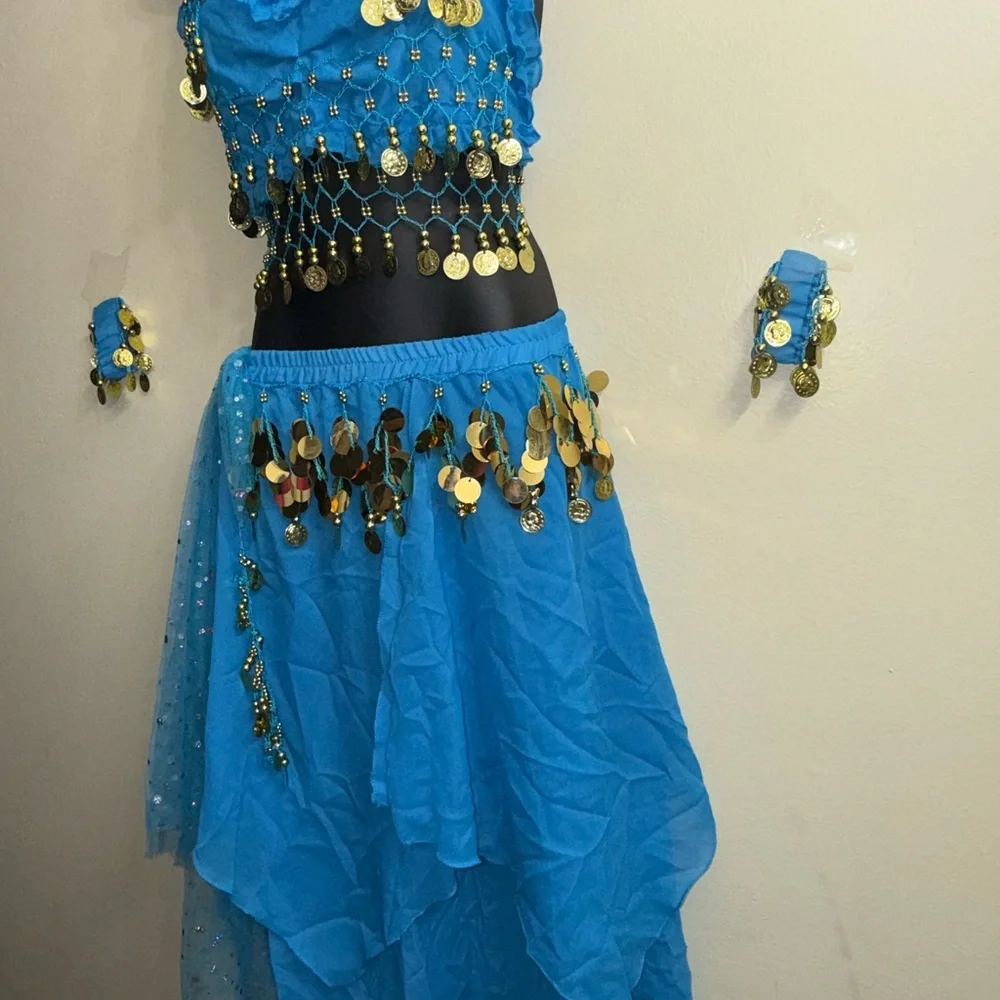Girls Belly‎ Dance Costume Youth 10-12 Turquoise Coin Bra Skirt Set Cabaret